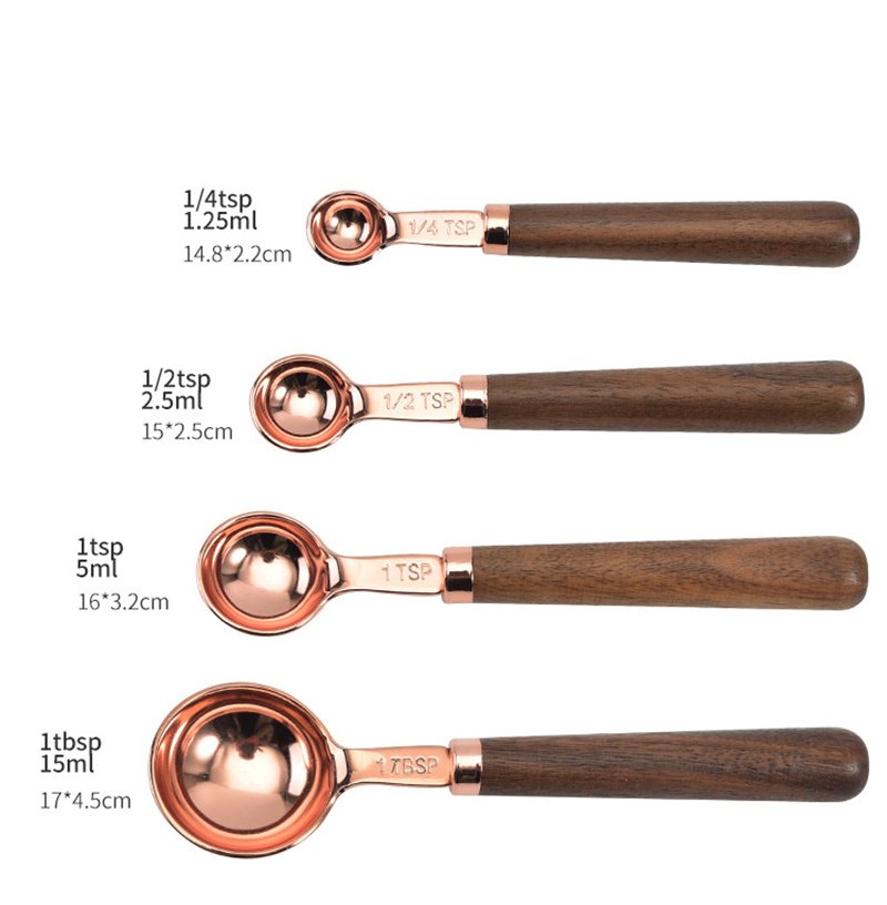 Kitchen Accessories 4Pcs/Set Measuring Cups Spoons Stainless Steel Plated Copper Wooden Handle Cooking Baking Tools - Rose Gold - 4-PC Kitchen Accessories 4Pcs/Set Measuring Cups Spoons Stainless Steel Plated Copper Wooden Handle Cooking Baking Tools - Rose Gold - 4-PC